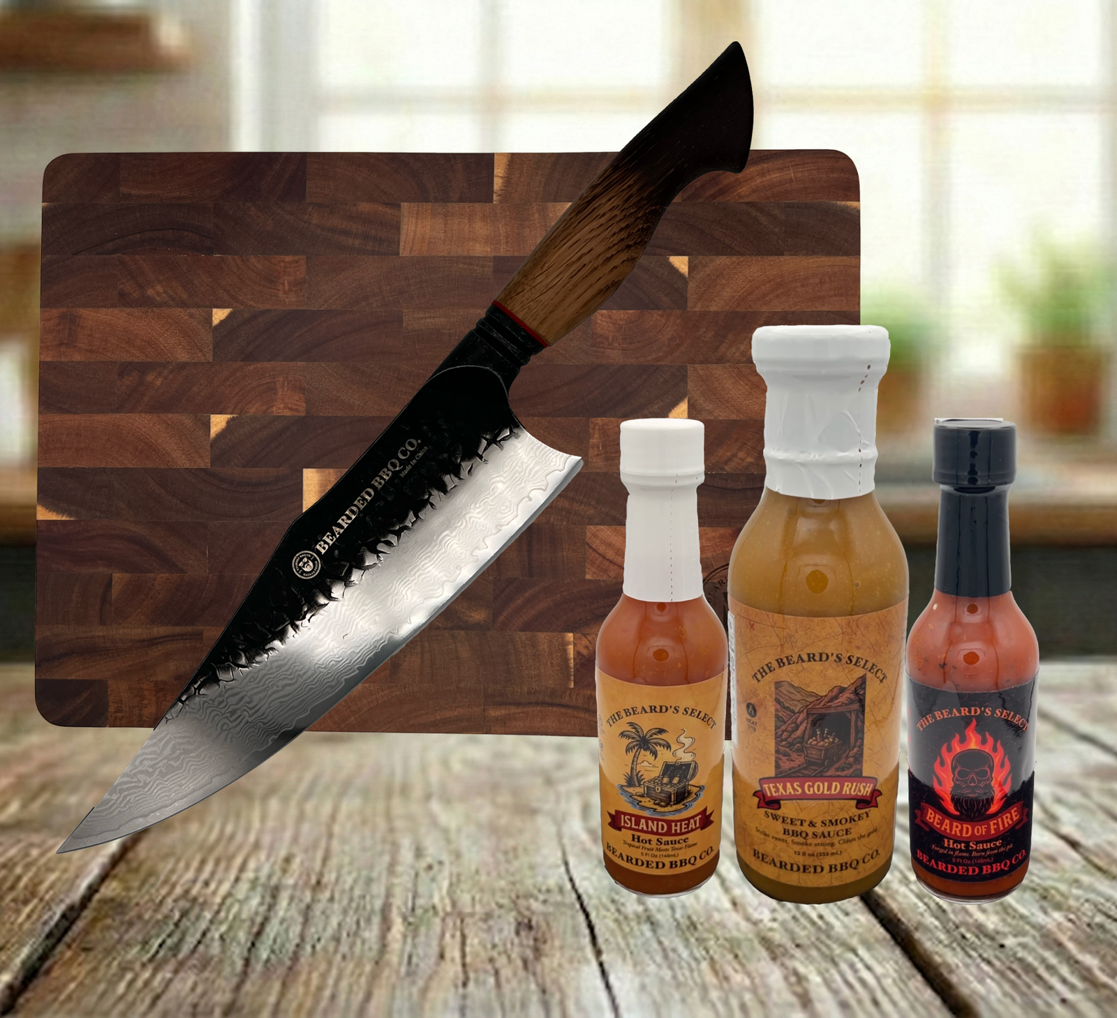 Game Day Hero Bundle — BEARDED BBQ CO. 8.5" Damascus Steel Chef Knife & Cutting Board with Free Sauce 3-Pack
