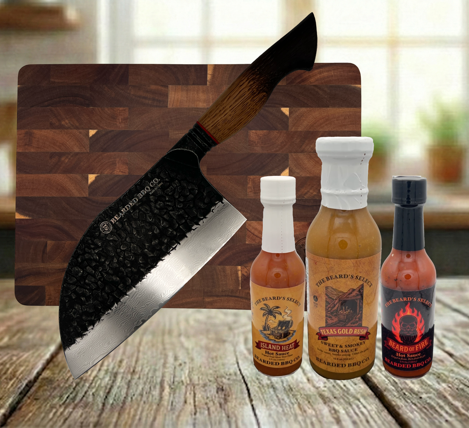 Butcher’s Block & Tackling Bundle — BEARDED BBQ CO. Bone Chopper Knife & Cutting Board with Free Sauce 3-Pack