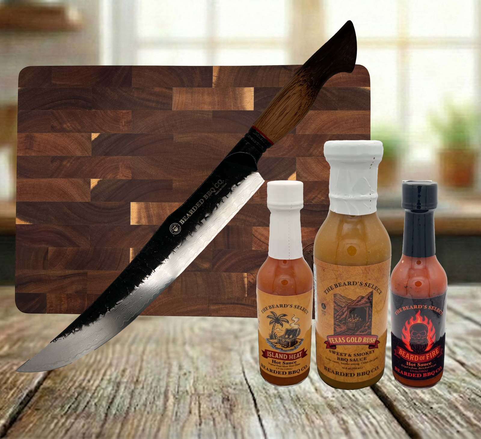 Pitmaster Play Caller Bundle — BEARDED BBQ CO. 10″ Slicing Knife & Cutting Board with Free Sauce 3-Pack