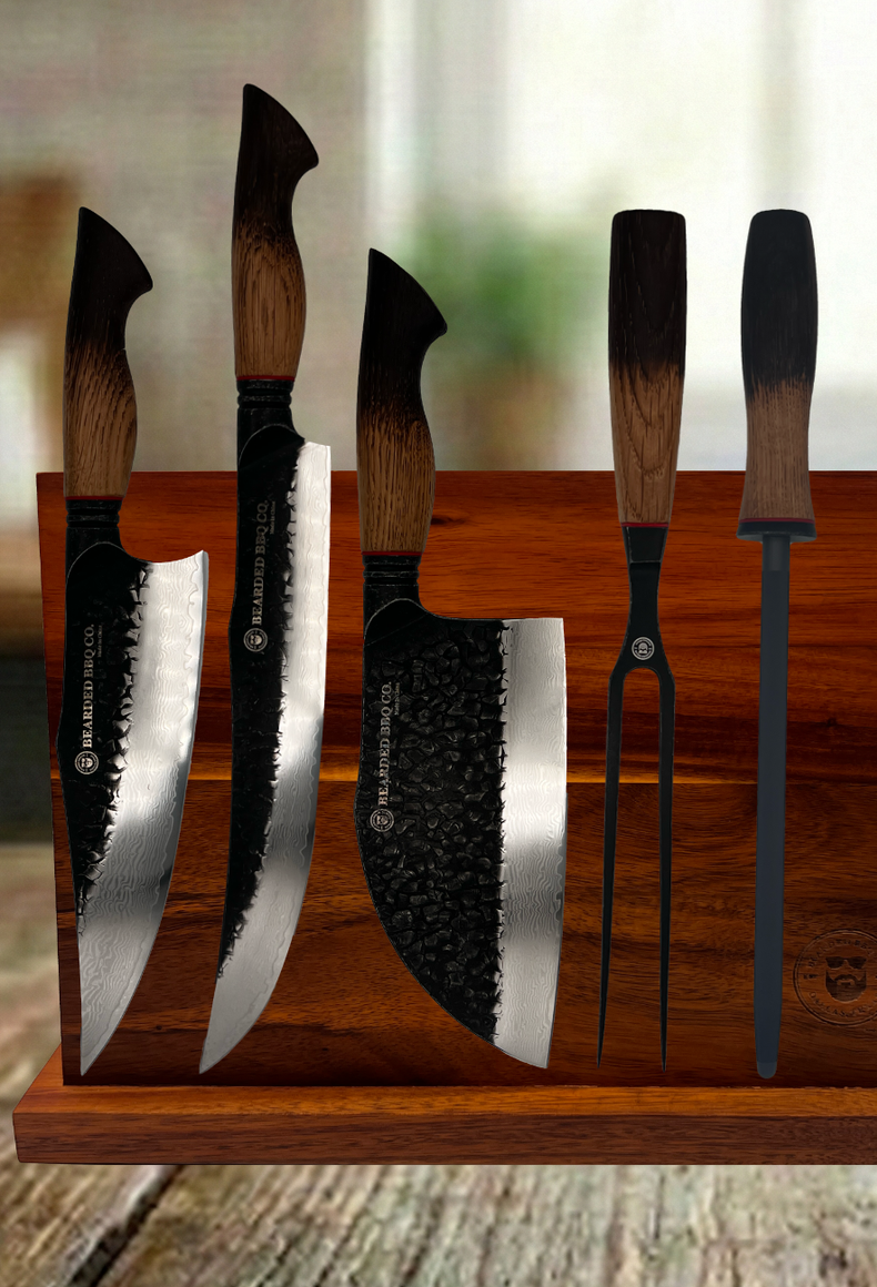 Acacia magnetic knife stand holding the five-piece XINZUO x BEARDED BBQ Damascus collection — Bearded BBQ Co.