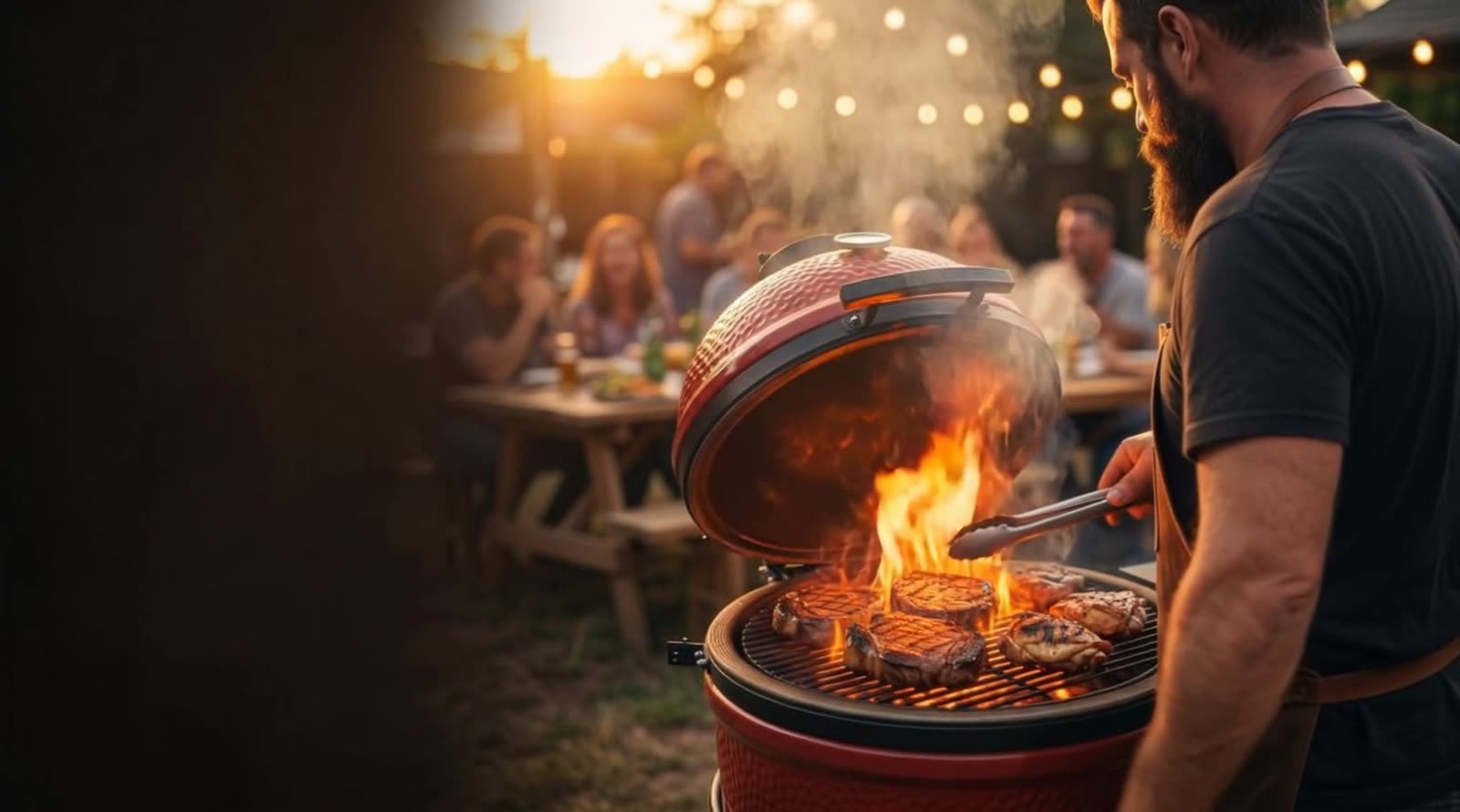 A bearded pitmaster tends open flame on a red kamado grill at a backyard gathering, golden hour smoke rising over the table.