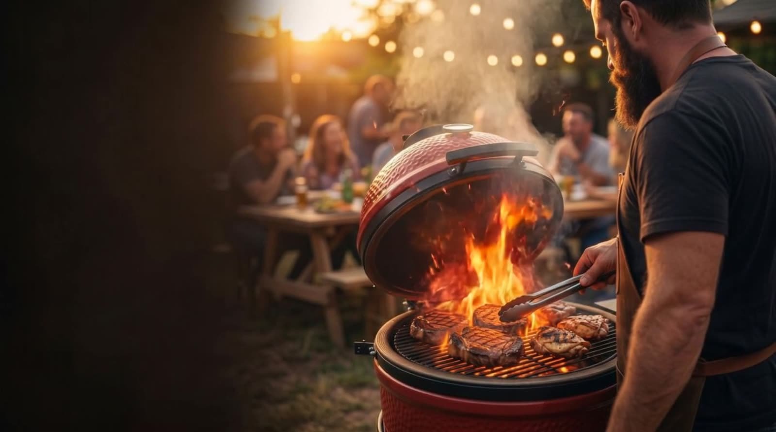 Steaks searing over open flame on a red kamado grill as guests gather at a string-lit backyard table.