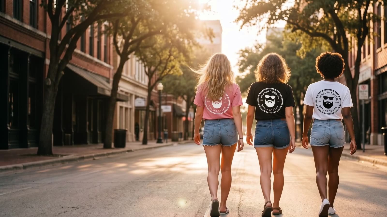 Three friends in Bearded BBQ Co. tees walk down a sunlit Texas street at golden hour.