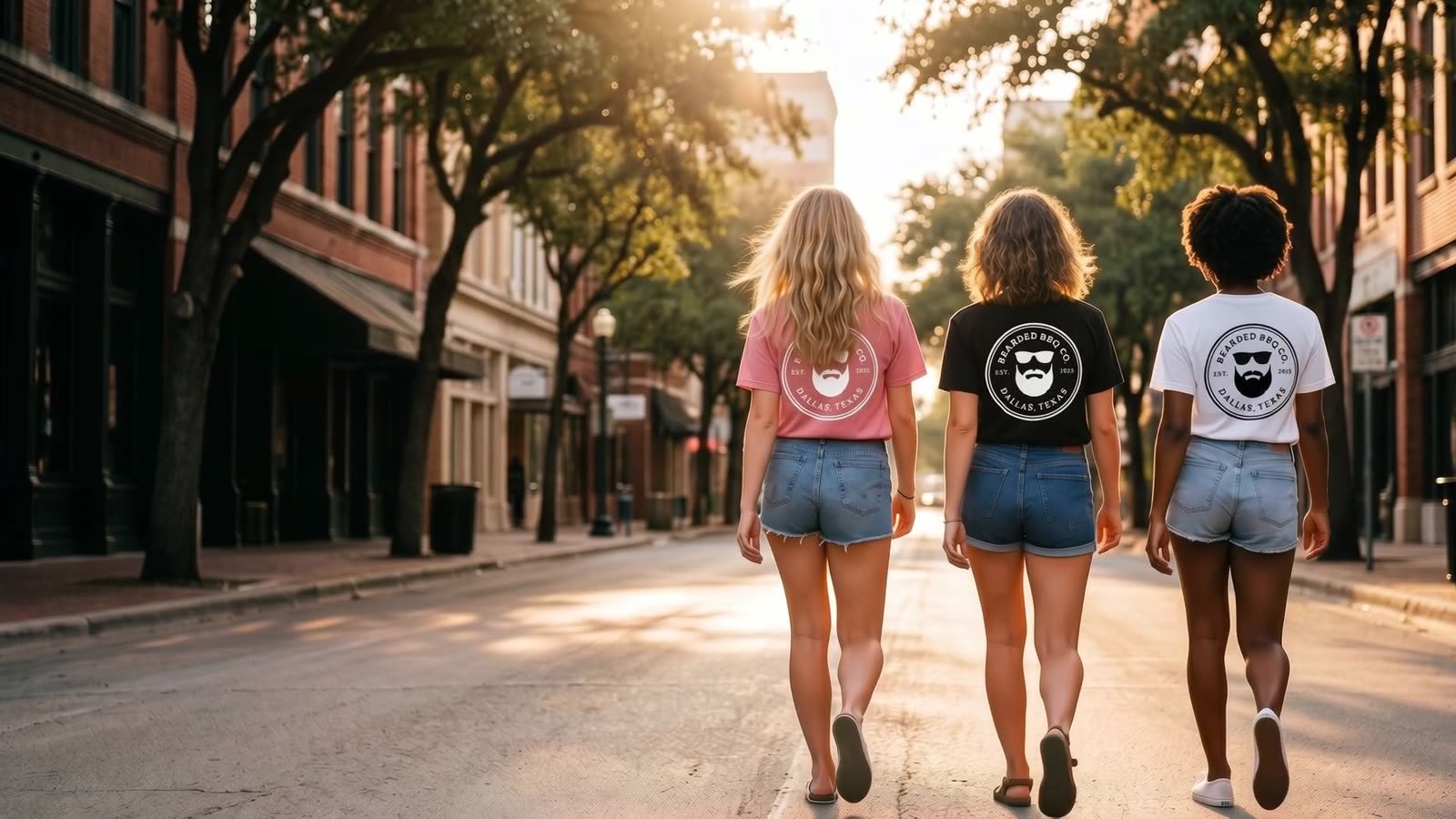 Three friends in Bearded BBQ Co. tees walk down a sunlit Texas street, seen from behind.