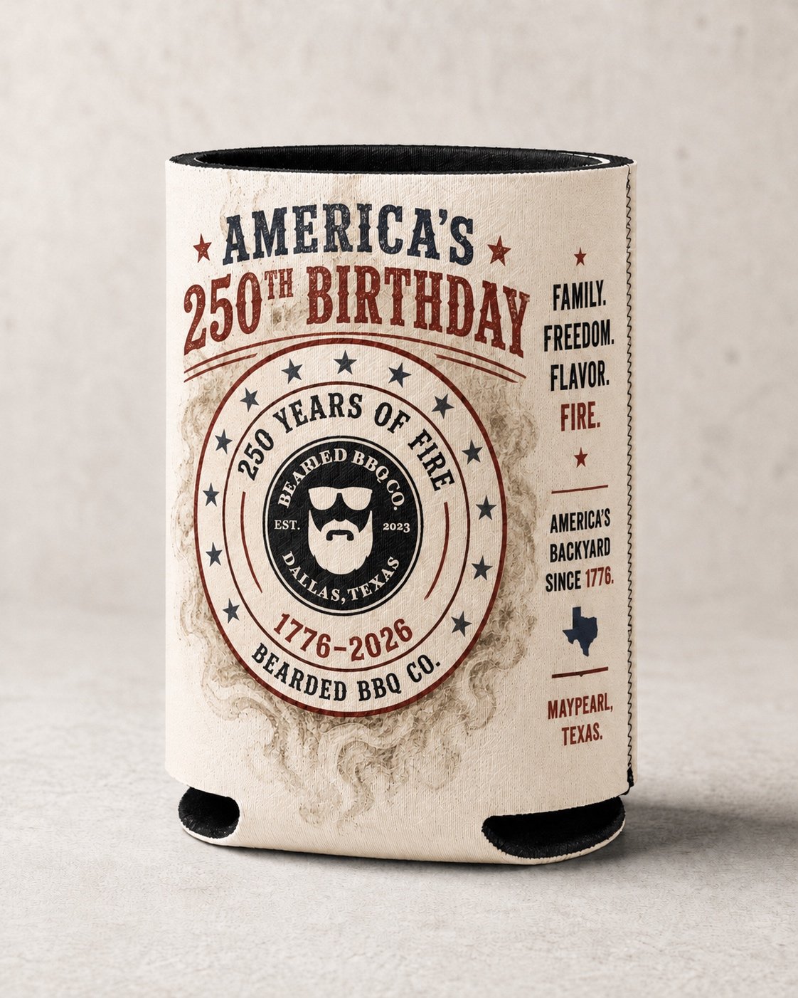 BEARDED BBQ CO. limited-edition 250 Years of Fire koozie - America 250th Birthday, 1776-2026